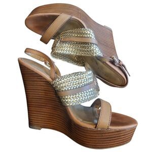 Coach Sandals Women's 7 Tan Gold Beatriz Stacked Wedge Wood Leather Metallic